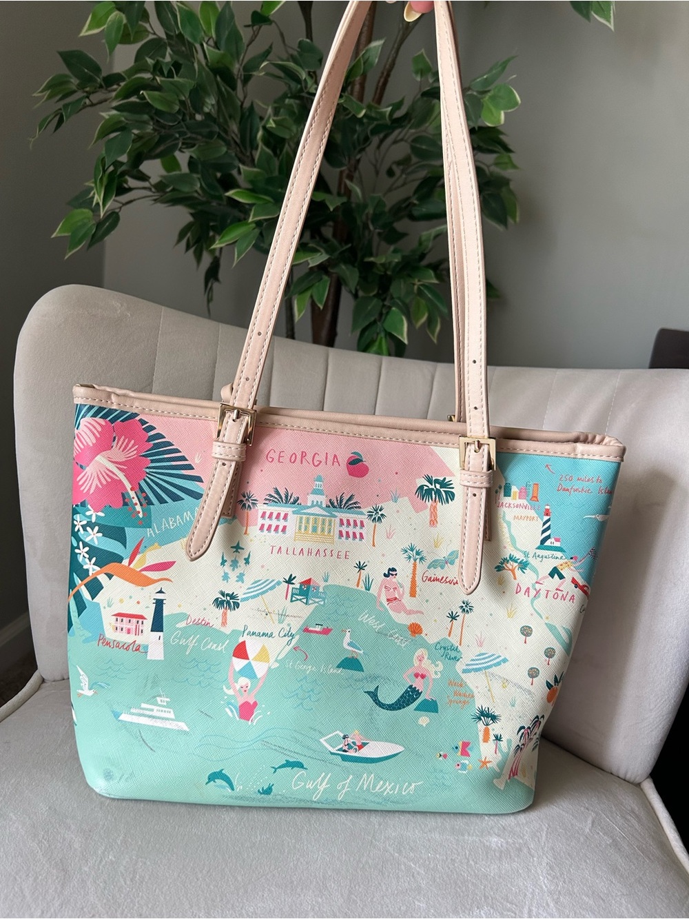 Spartina 449 Teal and Pink Florida Map Tote with Cream Handles - Picture 4 of 16